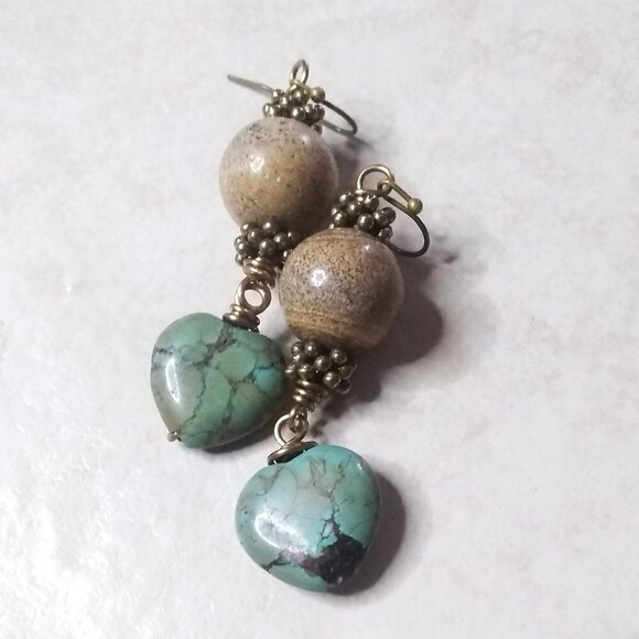 Thick + Chunky! Boho African Turquoise Heart Earrings - Unique & One-of-a-Kind - Picture 8 of 10